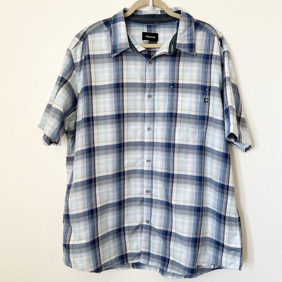 Marmot Mens XXL Blue Plaid Short Sleeve Button Up Shirt Lightweight Spring Navy - Picture 1 of 9